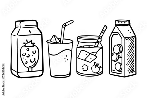 Assorted doodle style drinks and smoothie cups soda cans