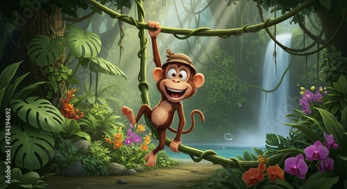 Animated Monkey Swinging on Vines in Lush Jungle with Waterfall and Colorful Flowers