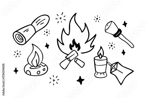 Campfire and camping gear doodles with transparent background