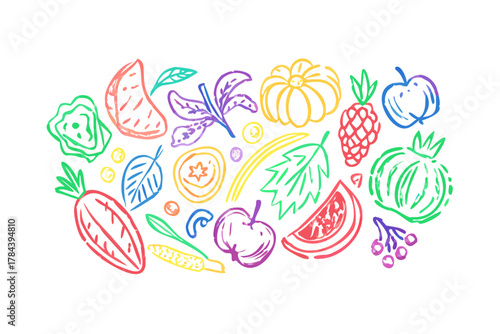 Colorful crayon doodle pattern of fruits and vegetables 1