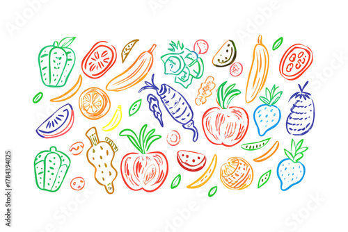 Colorful crayon drawn fruits and vegetables pattern 1