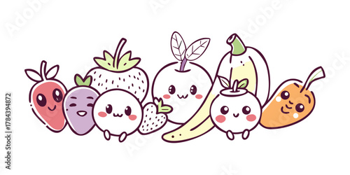 Cute cartoon fruits with faces on white background
