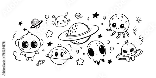 Cute cartoon aliens and U F Os with planets and stars