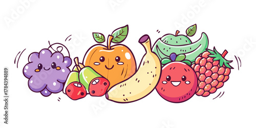 Cute cartoon fruits with happy faces smiling