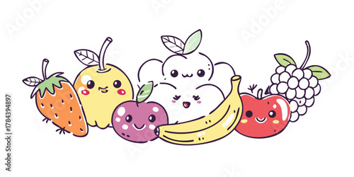 Cute cartoon fruits with happy faces on white background 1