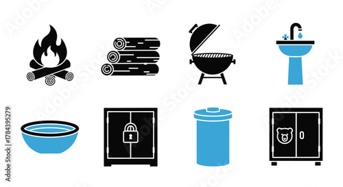 Vector icons of camping home and garden elements stock illustration