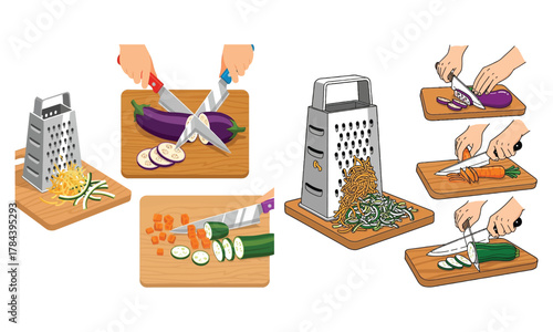 Kitchen food preparation: grating, slicing, and dicing fresh vegetables.