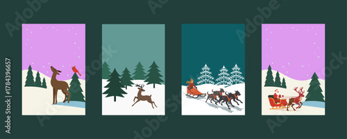 Minimalist Winter Holiday Cards Vector Set. Flat Christmas Scenes with Deer, Forest, Dogsled, and Santa Claus Sleigh