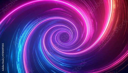 Spiraling neon light tunnel with vibrant hues of pink, blue, and orange