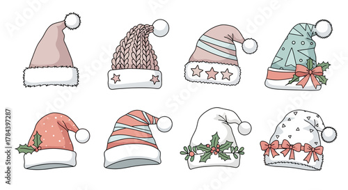 Collection of festive Santa hats with pom-poms and holly decorations, perfect for Christmas.