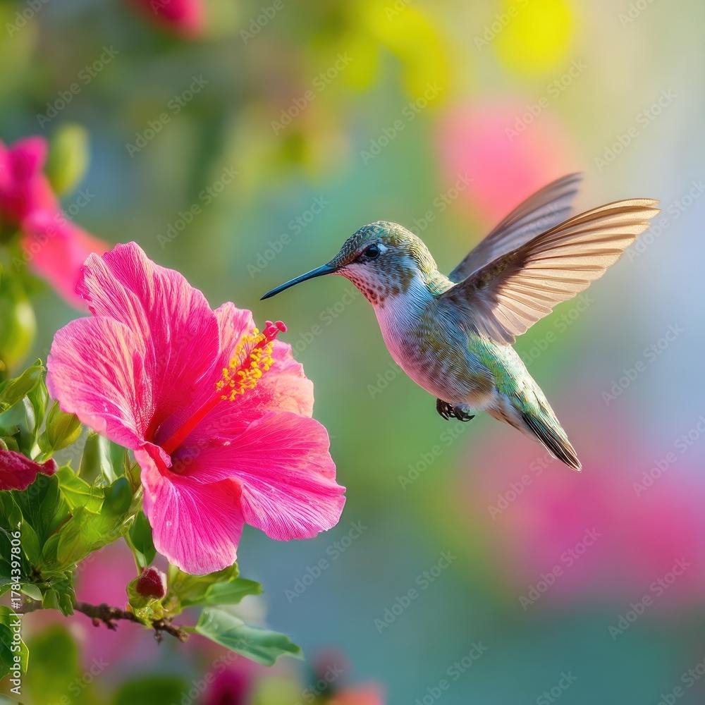 Fototapeta premium Hummingbird hovering near vibrant pink flower