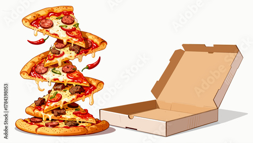 Stacked pizza slices with pepperoni, sausage, and cheese, beside an open delivery box, illustrating a delicious takeout or delivery meal