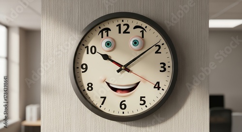 Whimsical Smiling Face Clock with Eyes and Mouth on Office Wall