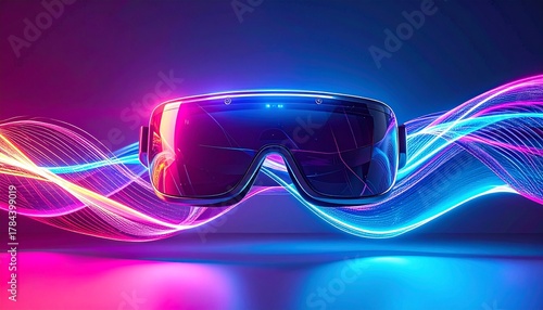 Minimalist abstract smart eyewear floating in air, surrounded by flowing neon ribbons, representing future technology and connectivity, clean gradient backdrop