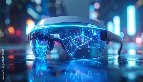 Next-gen wearable tech smart glasses on a reflective surface, data holograms emerging from lenses, futuristic business background, soft bokeh, 3D render style