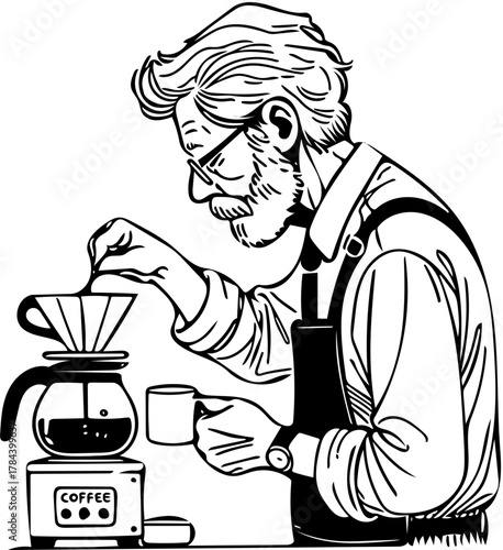 Stylish bearded barista wearing an apron and glasses carefully brewing a fresh cup of artisanal pour-over drip coffee