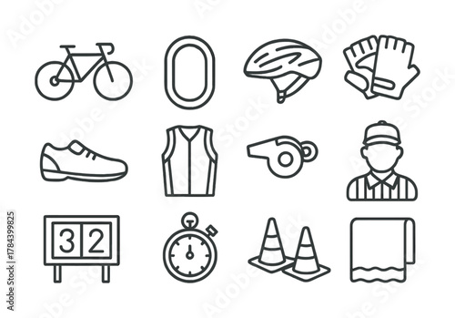 Cycling equipment icons: bicycle, helmet, gloves, stopwatch, whistle, clothing