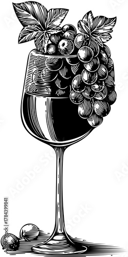 Elegant Wine Glass Adorned with Grapes and Leafy Garnishes in Engraved Style