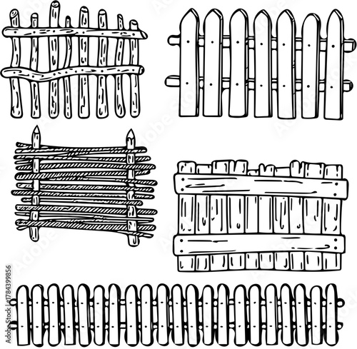 A varied collection of hand-drawn wooden fence illustrations, showcasing rustic, traditional, and picket styles perfect for charming garden, farm, and property boundary designs