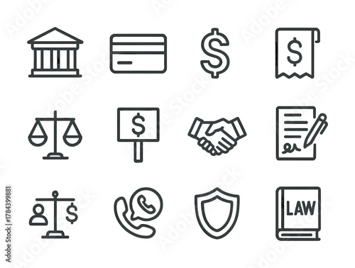 Financial and legal icons set: bank, dollar, contract, balance, shield, law book