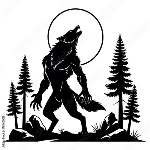 Black werewolf howling at full moon silhouette isolated on white background