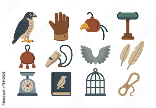 Falconry equipment: falcon, glove, hood, perch, whistle, book, cage, scale, bells, wings, feathers, rope
