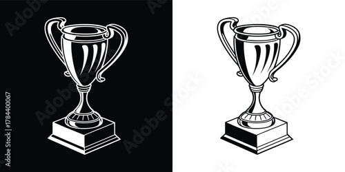 A classic trophy cup on a pedestal, depicted in both black and white versions, symbolizing achievement and victory