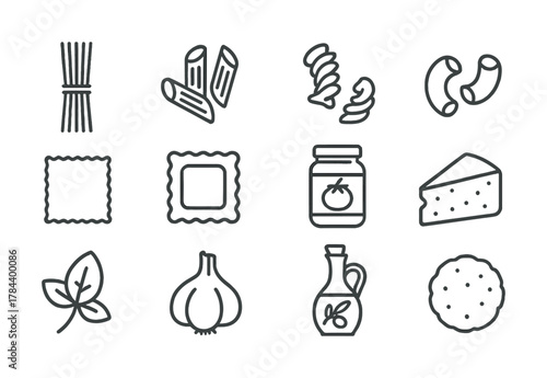 Line drawings of pasta varieties and ingredients including cheese and olive oil
