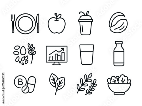 Healthy eating icons: food, drink, nutrition, and fresh ingredients vector set