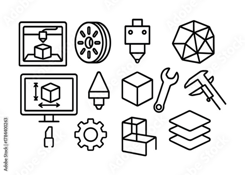 3d printing elements: printer, nozzle, filament, calibration tools