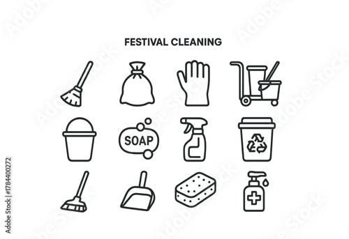 Festival cleaning icons set: broom, soap, recycle bin, cleaning supplies
