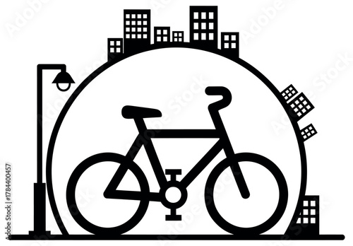 Clean black and white bicycle icon in circular frame isolated on white background