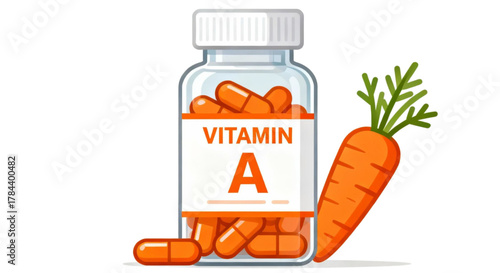 Vitamin A bottle with orange capsules and a carrot 