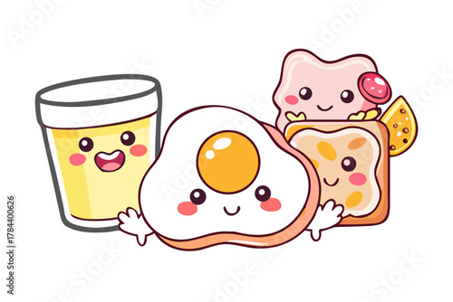 Kawaii breakfast characters with eggs bacon toast and juice