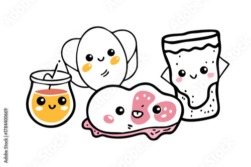 Kawaii breakfast food characters with happy faces eggs