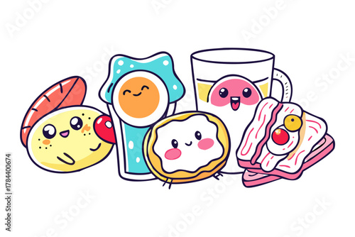 Kawaii breakfast food characters with transparent background
