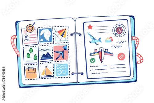 Travel journal doodles with stamps and notes arrows