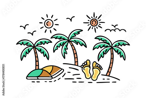 Tropical beach scene with palm trees and sun vacation
