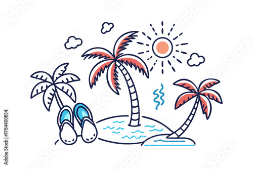 Tropical island with palm trees sun and flip flops