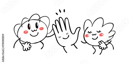 Two cute cartoon characters high-fiving with pink eyes