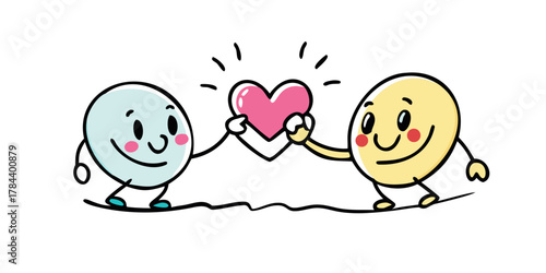 Two cute cartoon characters sharing a pink heart friendship