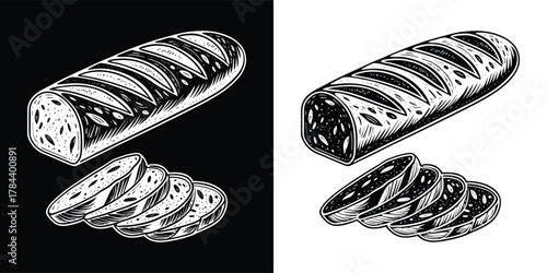 Vintage illustration of a sliced loaf of bread with a dark background and a sliced loaf of bread with a light background