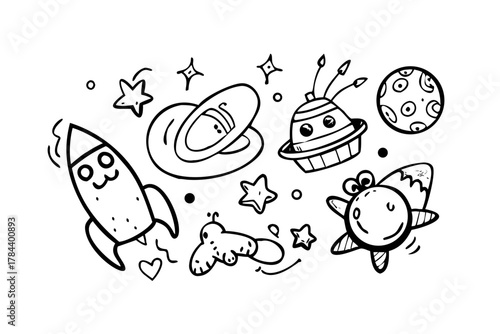 Whimsical Astronaut Alien Doodle on White Background