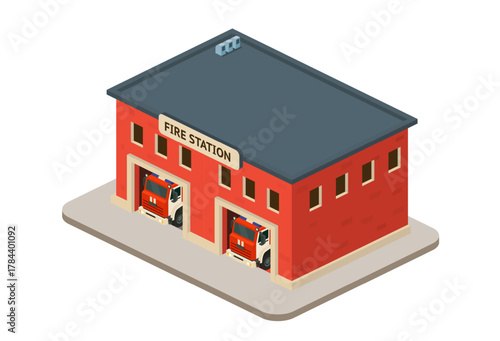 Isometric fire station building with fire trucks. Illustration of emergency service architecture.
