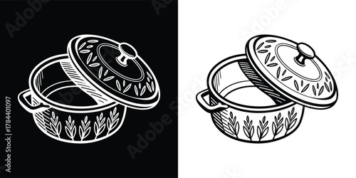 Hand drawn illustration of a decorative serving dish with lid, isolated on white background