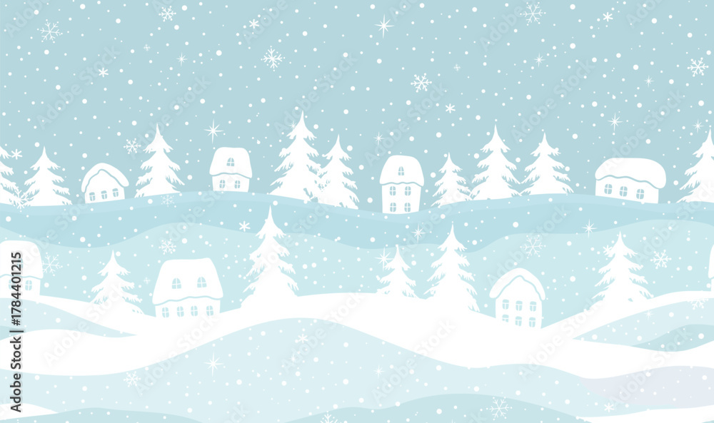 Naklejka premium Christmas Seamless Border. Winter Village. White Houses Silhouettes, Fir Trees. Snowfall. Snowflakes. Greeting Card Template. Banner. Vector Illustration in White, Blue