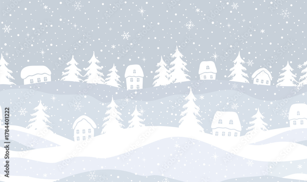 Fototapeta premium Winter Seamless Border. Christmas Village. White Houses Silhouettes, Fir Trees. Snowfall. Snowflakes. Greeting Card Template. Banner. Vector Illustration on Gray Background