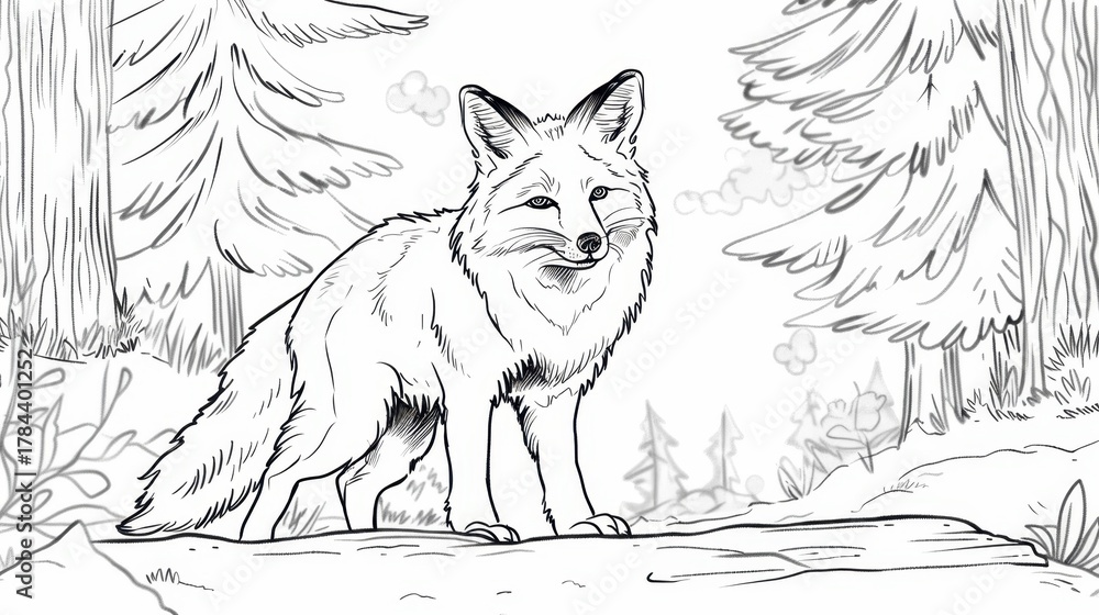 Naklejka premium A detailed line drawing of a fox standing in a forest. The fox has a bushy tail and pointed ears. Surrounding trees and foliage create a natural setting.