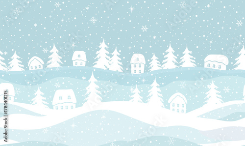 Christmas Seamless Border. Winter Village. White Houses Silhouettes, Fir Trees. Snowfall. Snowflakes. Greeting Card Template. Banner. Vector Illustration in White, Blue