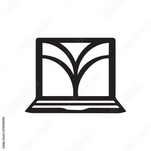 Digital book: A minimalist illustration of a laptop screen is adorned with the shape of a book, depicting the concept of online learning, accessible information, and the digital library.